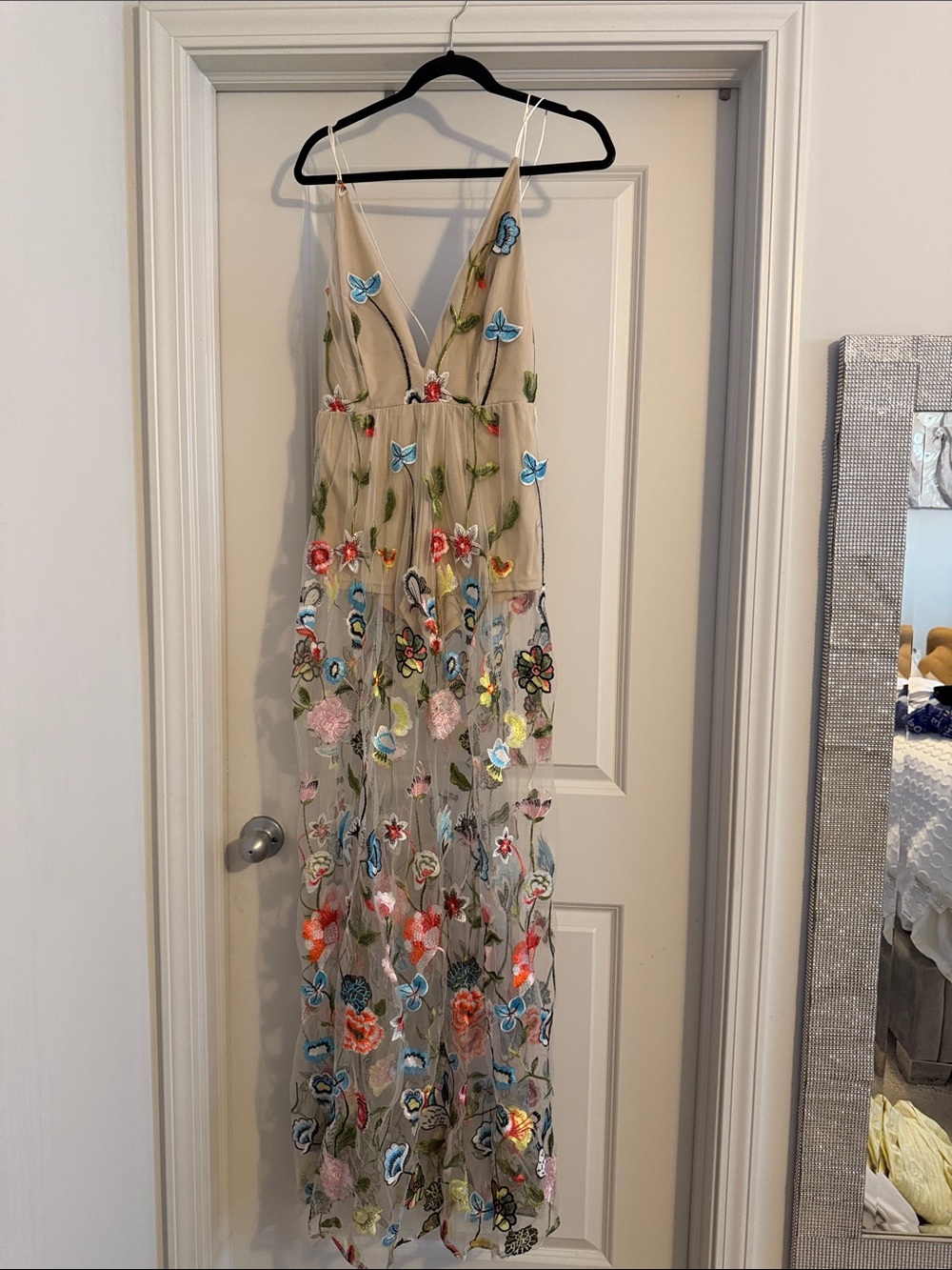 Embroidered Floral Sheer Maxi Dress - Beige with Multicolor Flowers